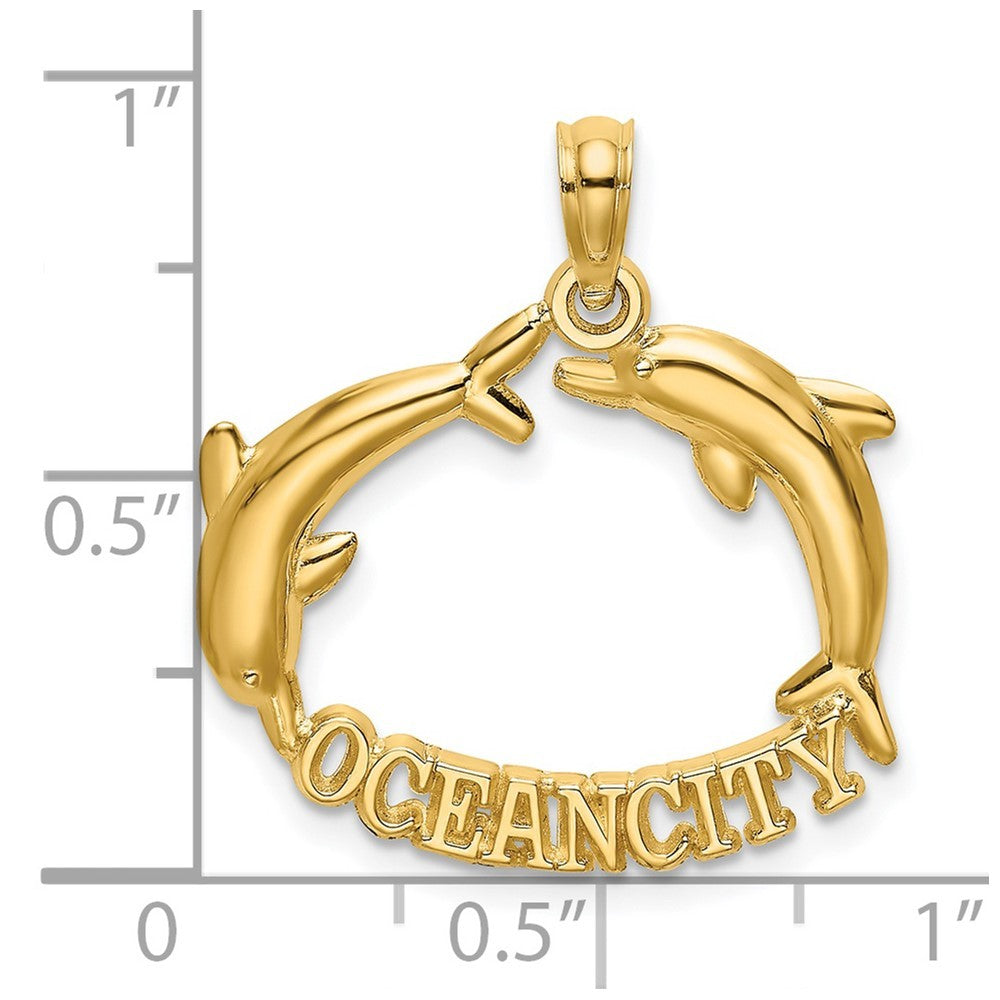 14k Yellow Gold Polished OCEAN CITY Jumping Dolphins Charm Pendant
