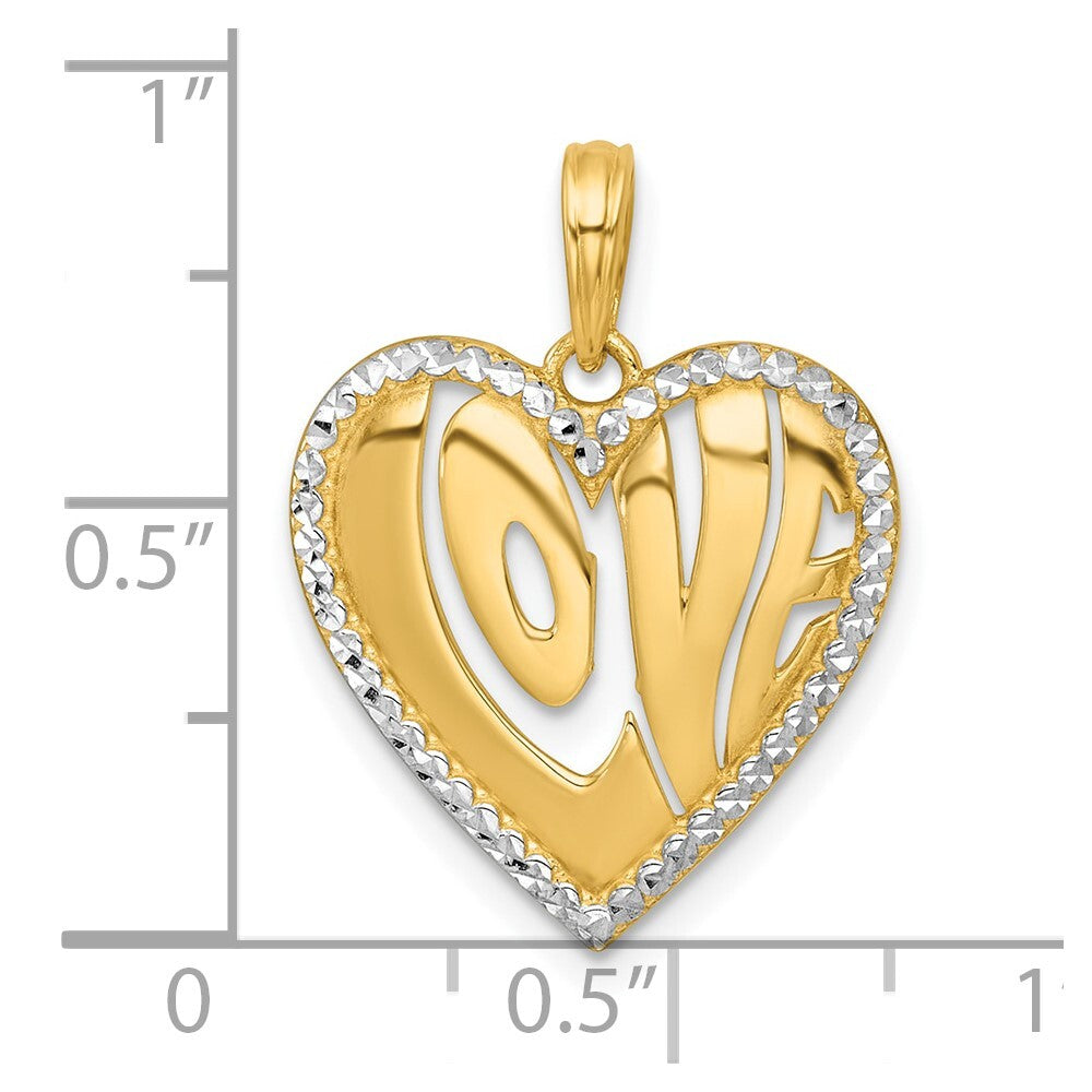 14k Yellow Gold with White Rhodium Polished LOVE In Heart Charm Pendant