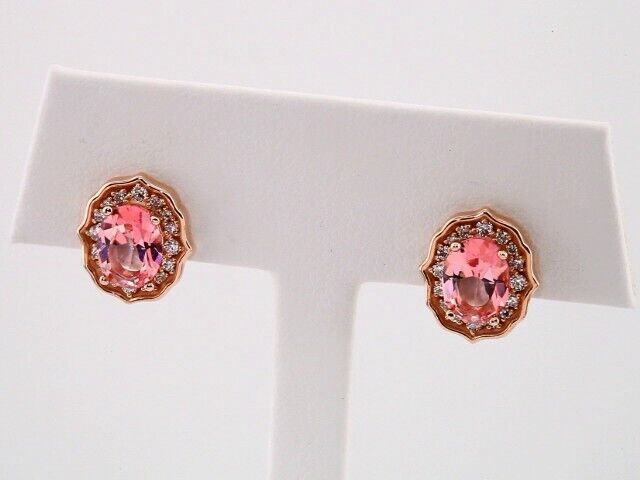 14k Rose Gold Natural Peach Morganite and 1/3 CTW Diamond Stud Earrings