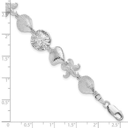 Sterling Silver Rhodium-Plated Polished Starfish / Shells / Sand Dollar Bracelet