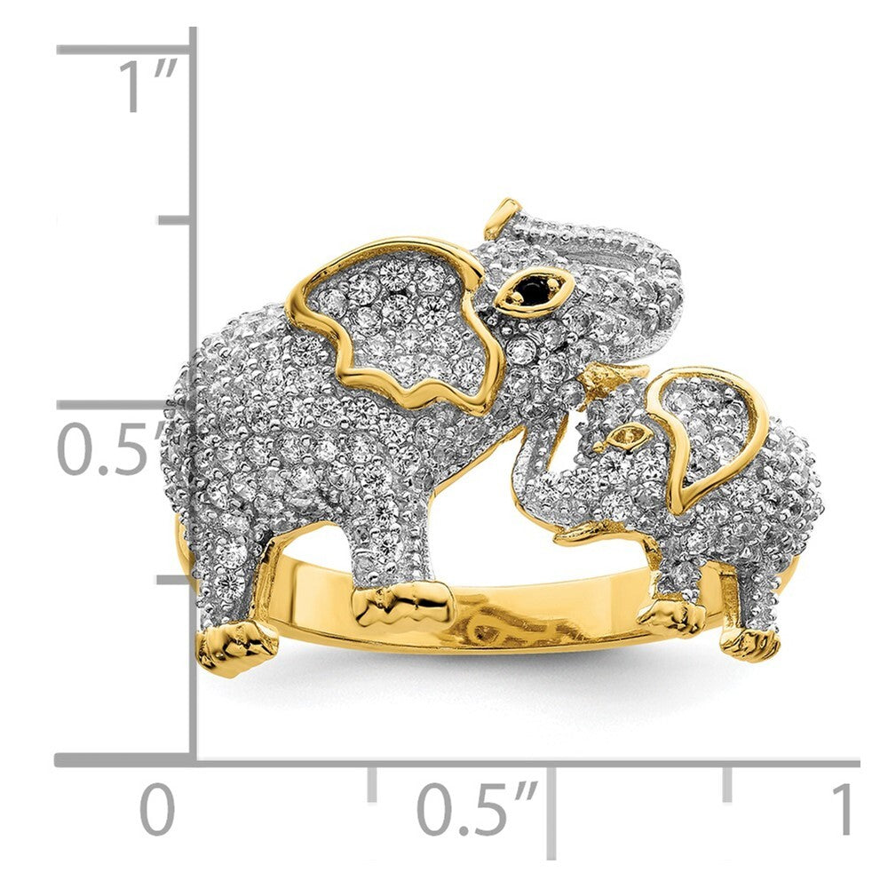 Sterling Silver Rhodium-plated Gold Tone Mom & Baby CZ Elephants Ring Size 6