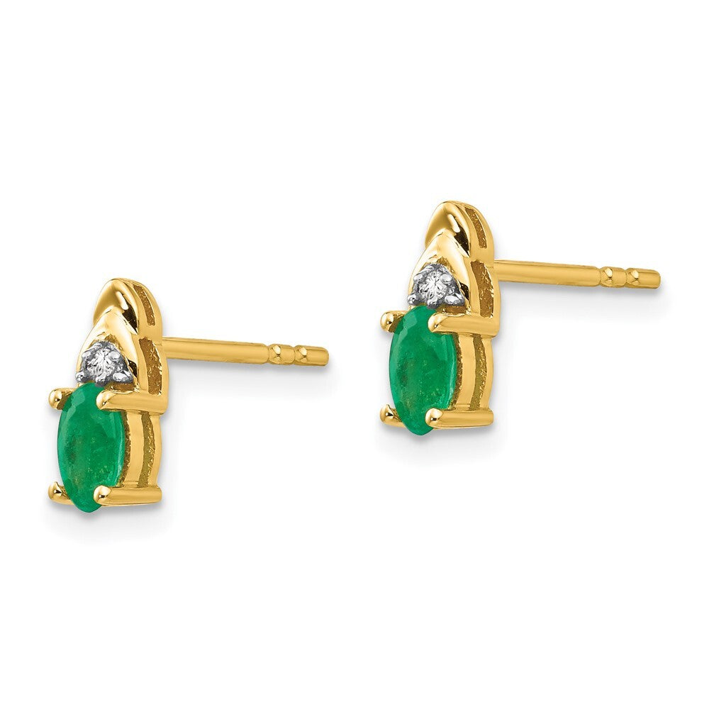 14k Yellow Gold Emerald and Diamond Stud Earrings Gift for Women