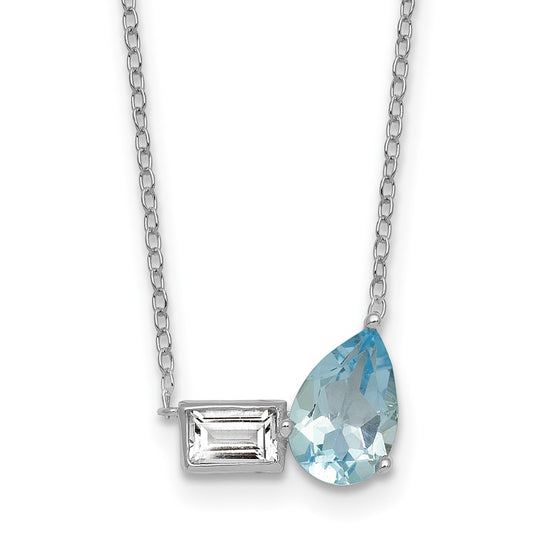Sterling Silver Pear Sky Blue and Emerald-cut White Topaz Necklace 16" w/ 2" Ext