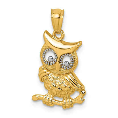 14k Yellow Gold & Rhodium Polished & Textured Owl Pendant for Women