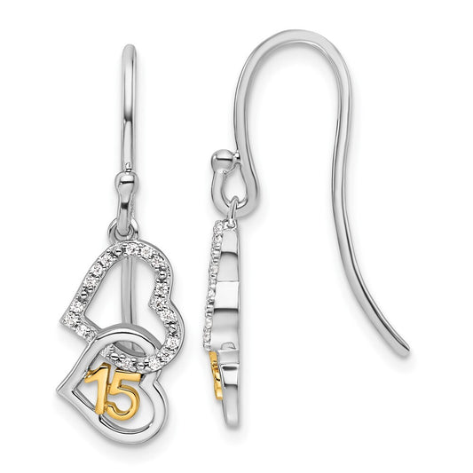 14K Two-Tone Gold Polished Diamond Quinceanera Double Heart Dangle Earrings