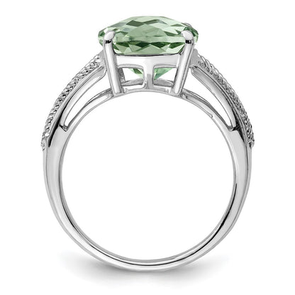 Sterling Silver Rhodium Checker-Cut Green Quartz Ring Size 7