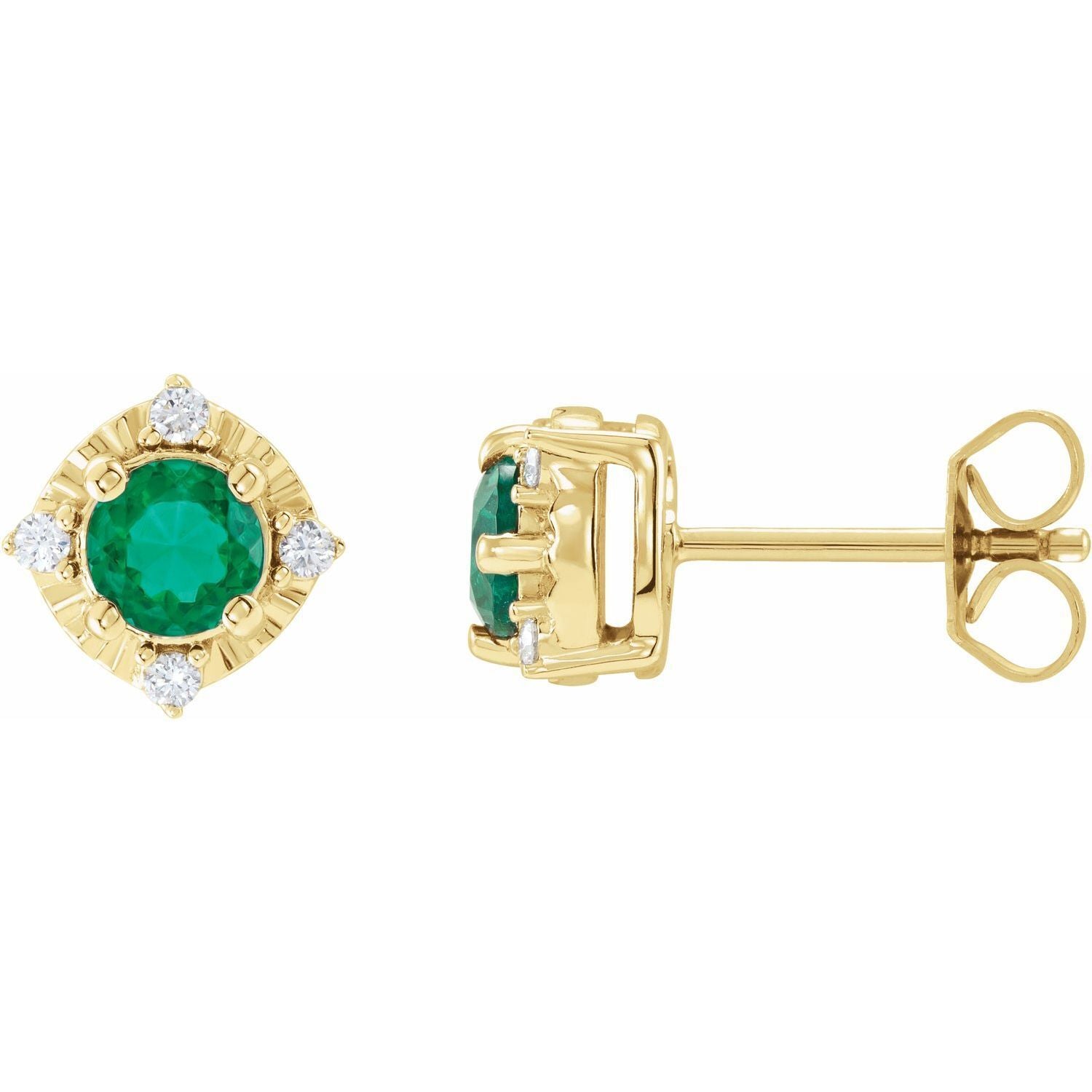 14k Yellow Gold Lab-Grown Emerald and .08 CTW Diamond Halo-Style Stud Earrings