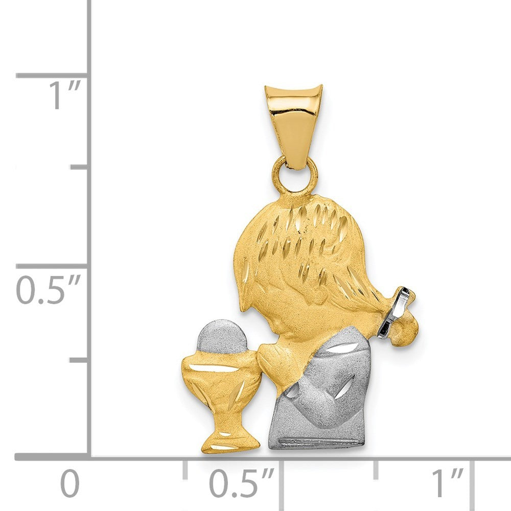14k Yellow Gold Rhodium Diamond-Cut Girl Communion Semi-solid Pendant