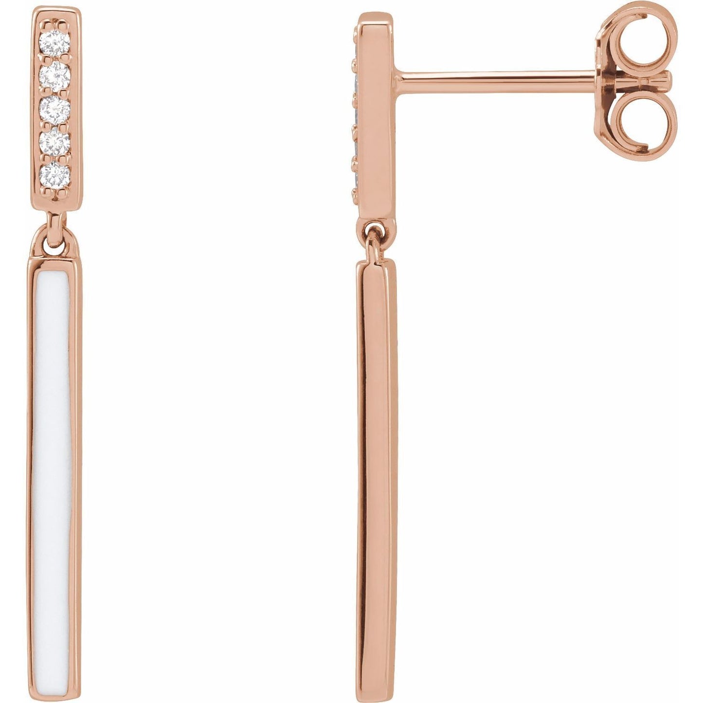 14k Rose Gold .06 CTW Natural Diamond and White Enamel Bar Stud Earrings