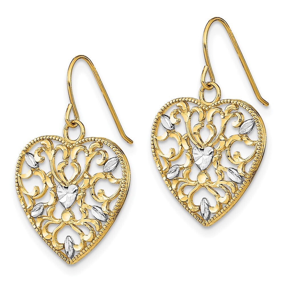 14k Yellow Gold RH Filigree Cut-Out Heart Wire Stud Earrings Gift for Women