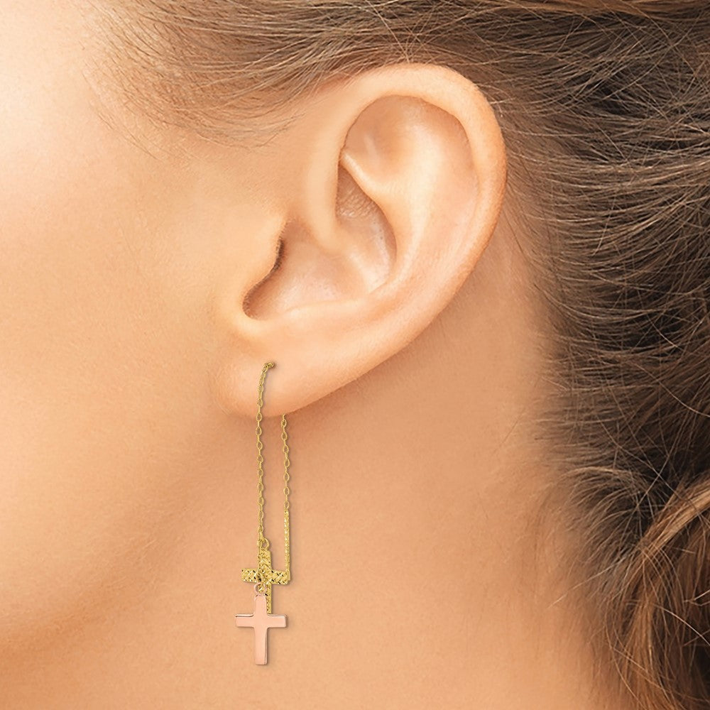 14k Yellow & Rose Diamond-Cut Polished Crosses Threader Earrings