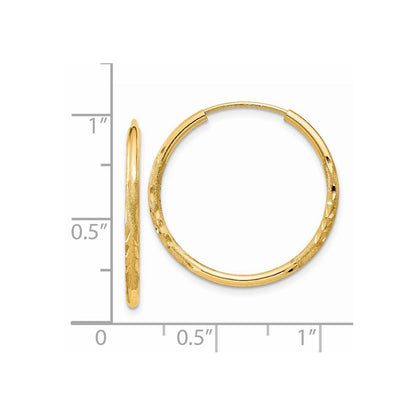 14k Yellow Gold 1.5mm Satin Diamond-cut Endless Hoop Earrings