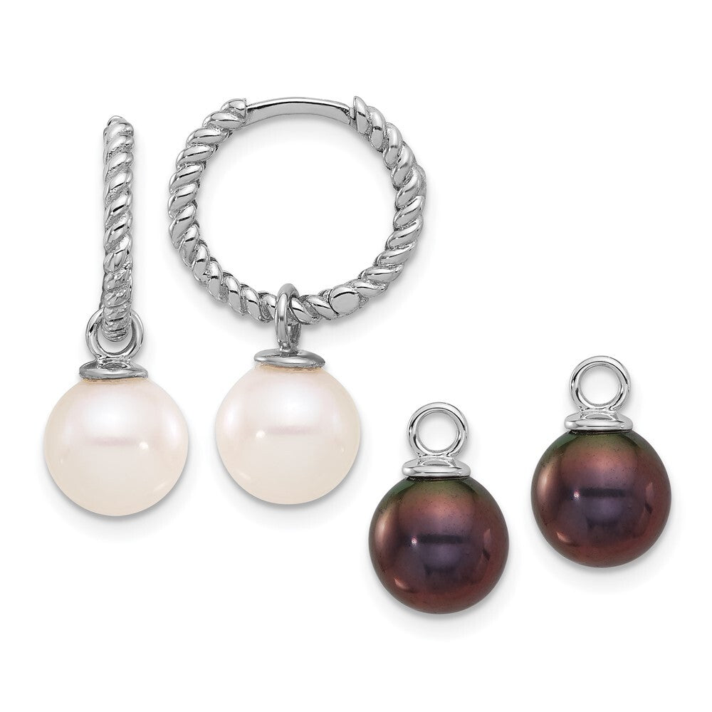 14k White Gold 8mm Black & White Cultured Pearl Removable Dangle Hoop Earrings