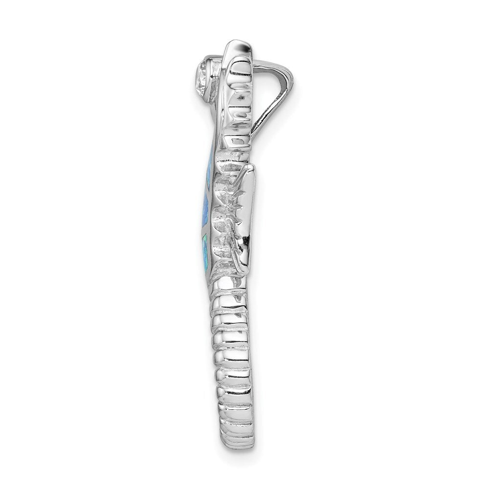 Sterling Silver Polished Created Opal and Cubic Zirconia Seahorse Chain Slide