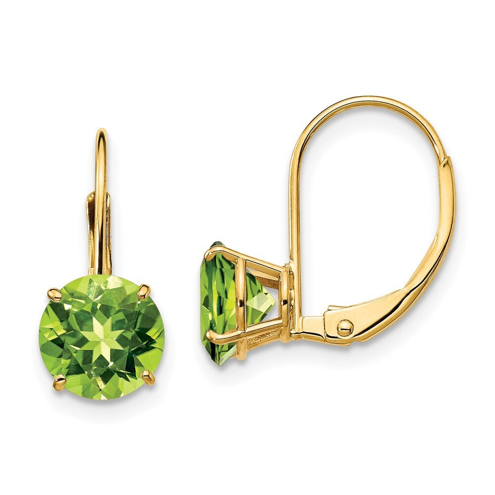 14k Yellow Gold 7mm Peridot Leverback Earrings Gift for Women