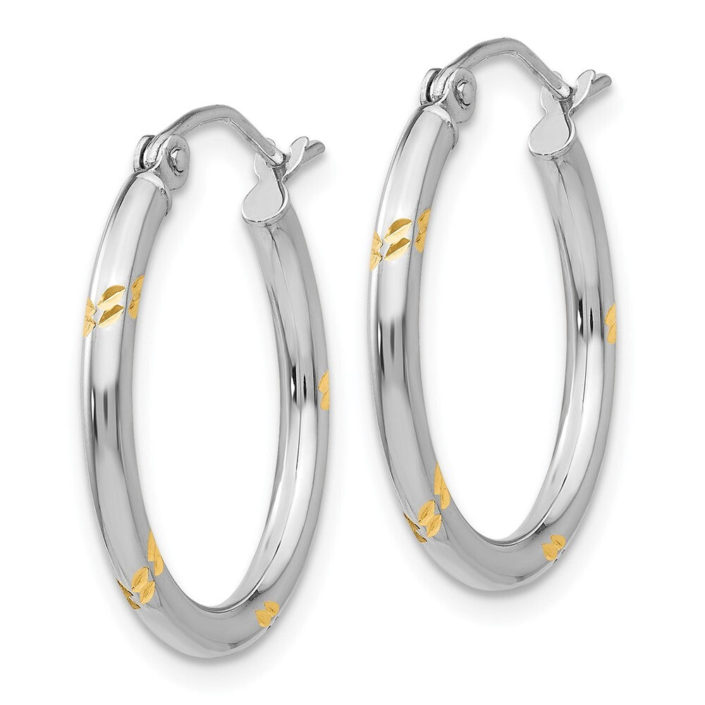14k White Gold and Yellow Rhodium Diamond-Cut Hoop Earrings Gift for Women