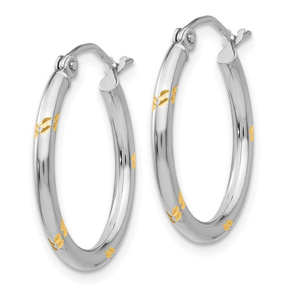 14k White Gold and Yellow Rhodium Diamond-Cut Hoop Earrings Gift for Women