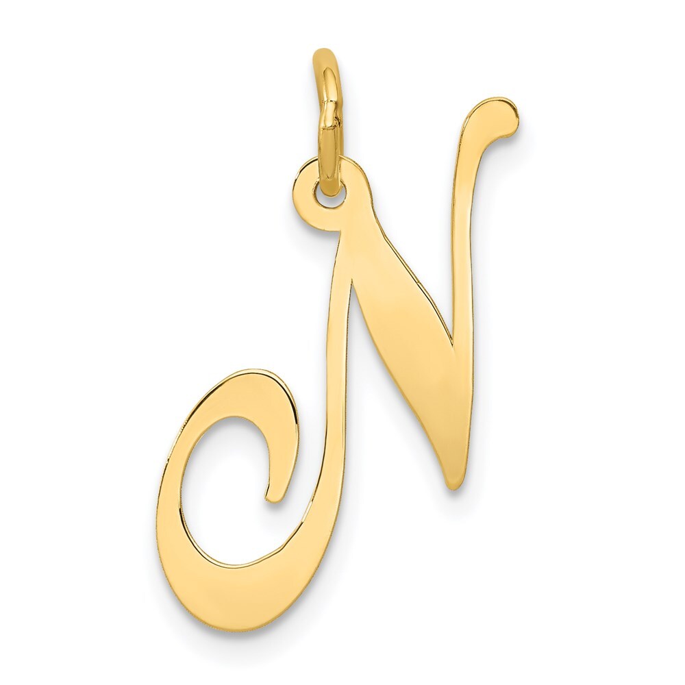14k Yellow Gold Large Fancy Script Letter N Initial Charm Pendant for Women