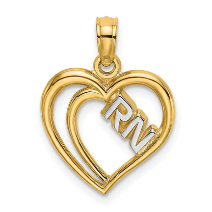 14k Yellow Gold Rhodium RN Inside Double Hearts Charm Pendant