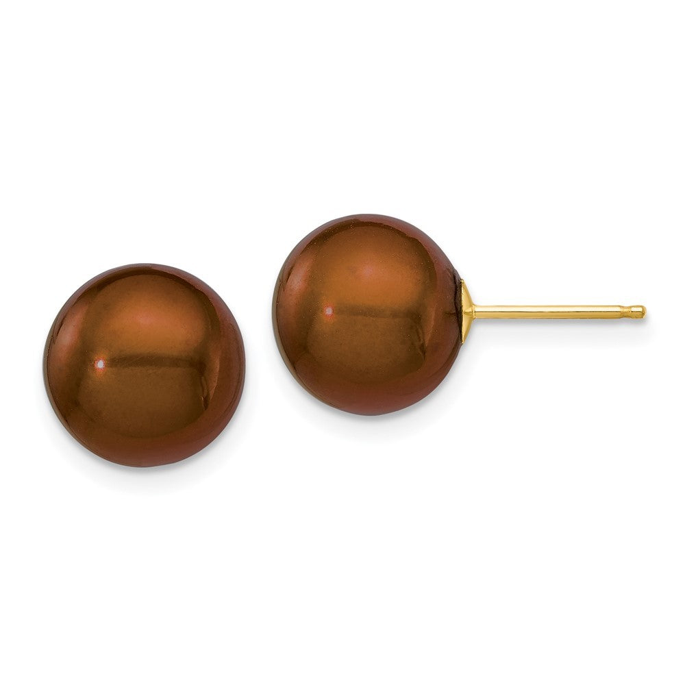 14k Yellow Gold 10-11mm Brown Round Freshwater Cultured Pearl Stud Earrings