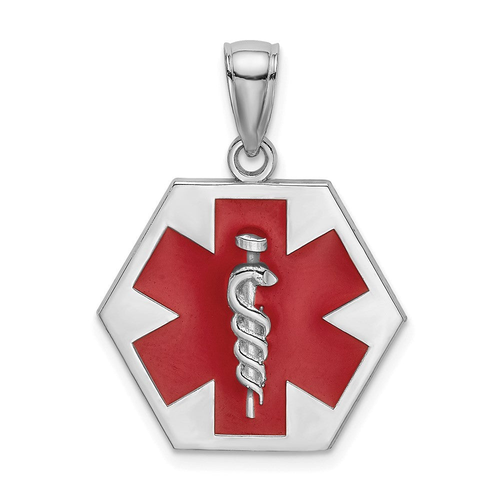 14K White Gold Enameled Textured Back Caduceus Medical Disc