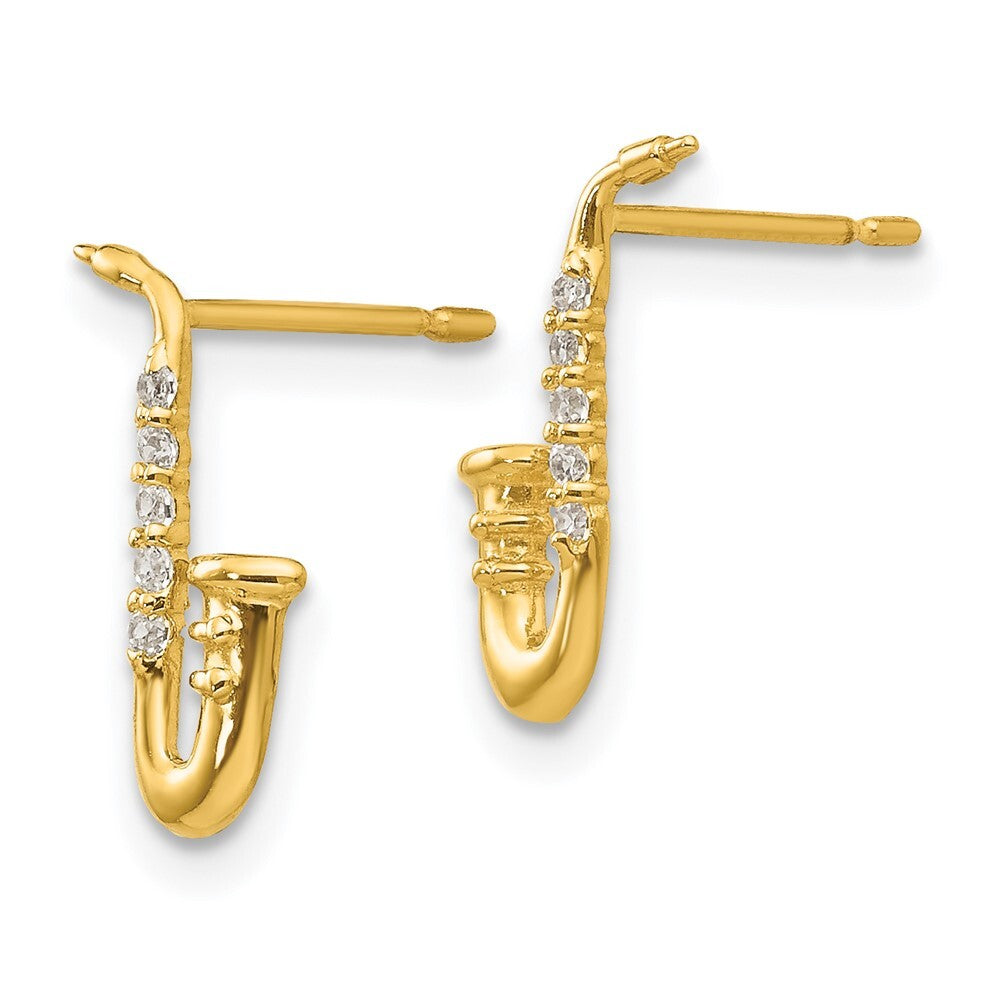 14k Yellow Gold Cubic Zirconia Saxophone Stud Earrings Gift for Women