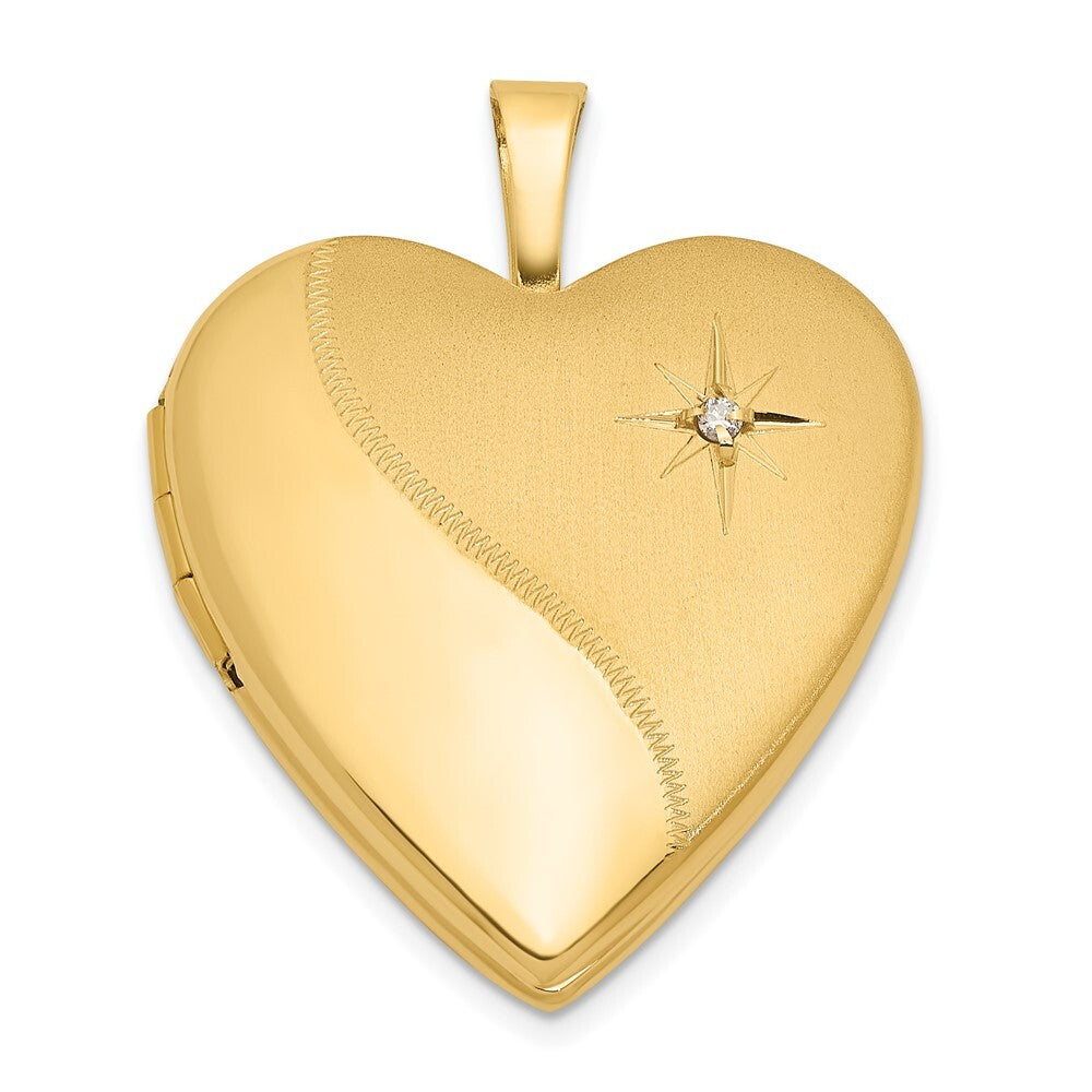 14k Yellow Gold 20mm Satin and Polished Diamond Heart Locket Pendant for Women