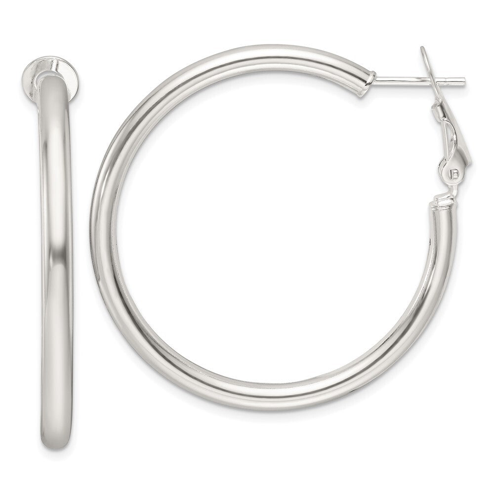 Sterling Silver Polished 40x3.25mm Omega Back Round Hoop Earrings