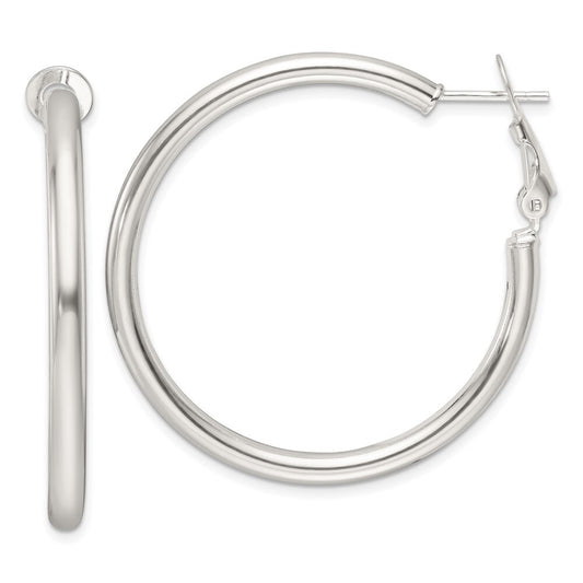 Sterling Silver Polished 40x3.25mm Omega Back Round Hoop Earrings