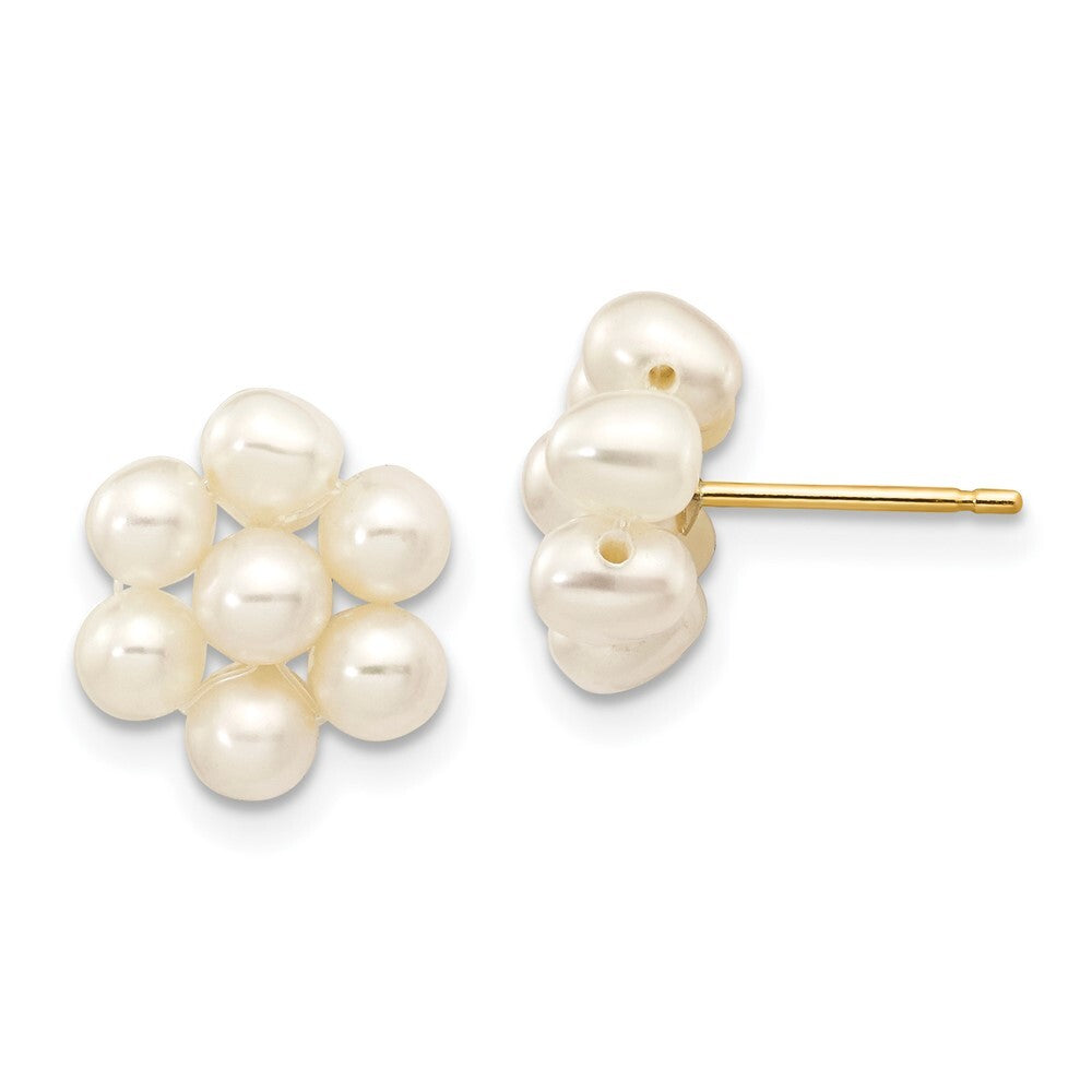 14k Yellow Gold 3-4mm White Egg Freshwater Cultured Pearl Flower Stud Earrings