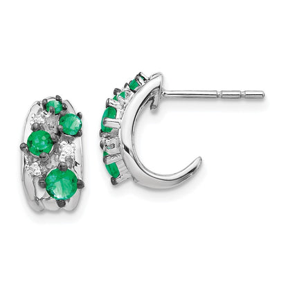 14k White Gold Diamond and Emerald Polished Hoop Earrings