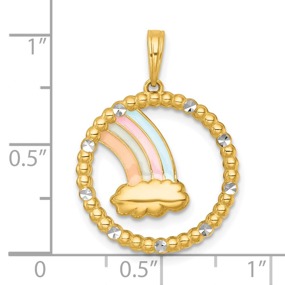 14k Yellow Gold with White Rhodium Multi Color Enamel Rainbow With Cloud Charm