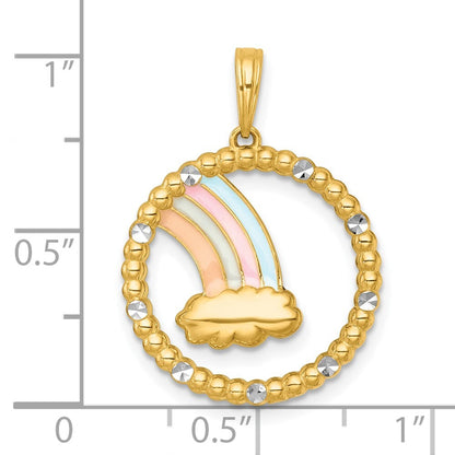 14k Yellow Gold with White Rhodium Multi Color Enamel Rainbow With Cloud Charm