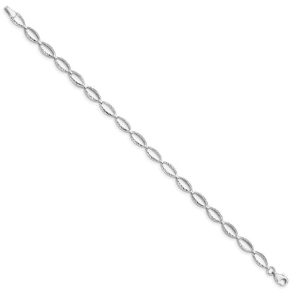 14k White Gold Polished Textured Oval Link 7.25 inch Bracelet
