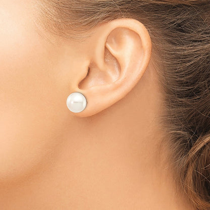 14k Yellow Gold 11-12mm White Button Freshwater Cultured Pearl Stud Earrings