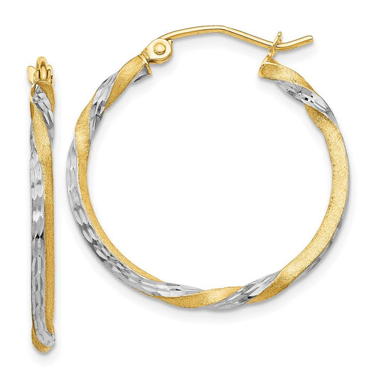 14k Yellow Gold & Rhodium Satin Diamond Cut Twisted Hoop Earrings