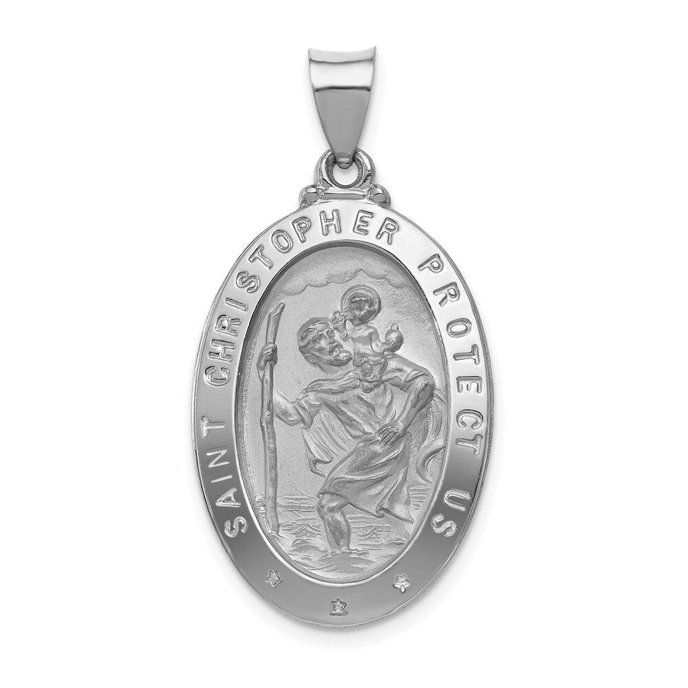 14k White Gold Polished/Satin St Christopher Medal Hollow Pendant for Women