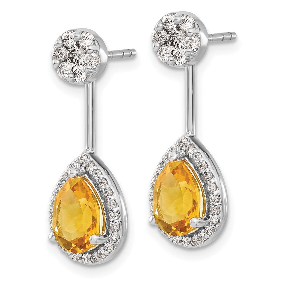 14k White Gold Diamond/Pear Citrine Front/Back Drop & Dangle Earrings