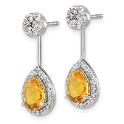 14k White Gold Diamond/Pear Citrine Front/Back Drop & Dangle Earrings