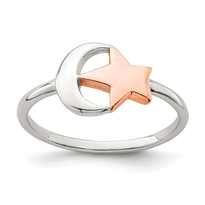 Sterling Silver Rose Tone Moon & Star Ring Size 8