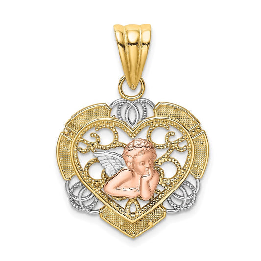 14k Two-tone Gold White Rhodium Angel In Heart Charm Pendant