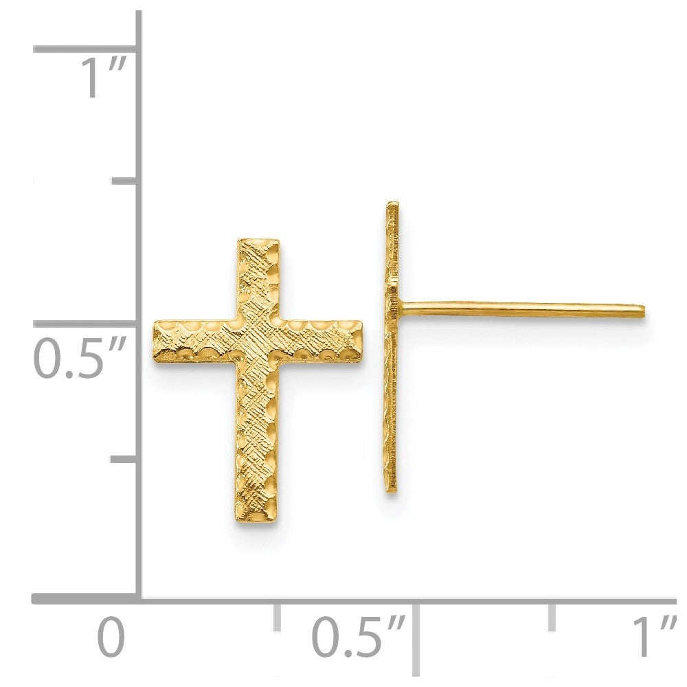 14k Yellow Gold Brushed Finish Cross Stud Earrings Gift for Women