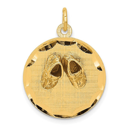 14k Yellow Gold Small Solid Engravable Baby Shoes on Disc Charm Pendant