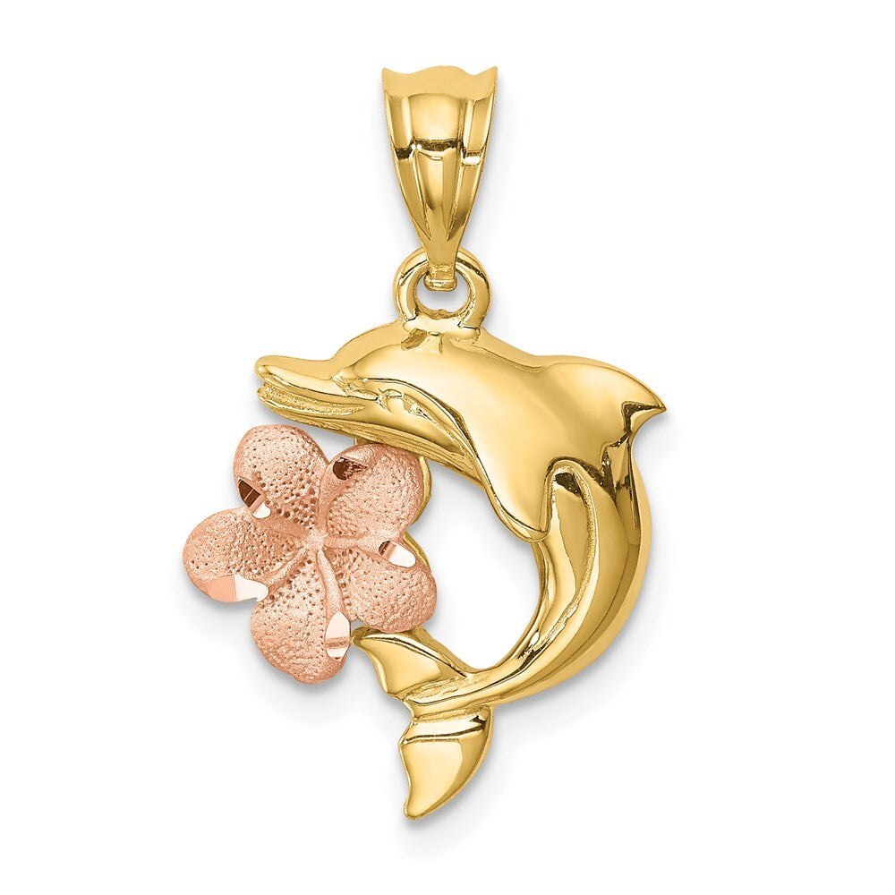 14k Two-tone Gold  Brushed/Polished Diamond-cut Plumeria Dolphin Pendant