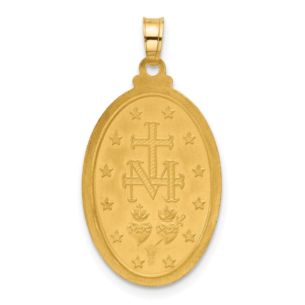 14k Yellow Gold Satin and Polished Miraculous Medal Solid Oval Pendant