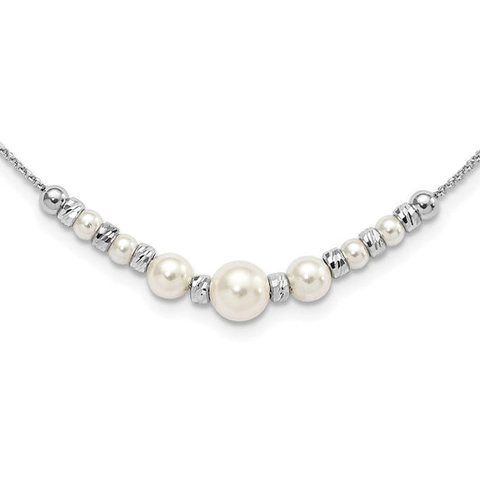 Sterling Silver RH-pltd Diamond-cut Bead Glass Pearl w/2in ext Necklace