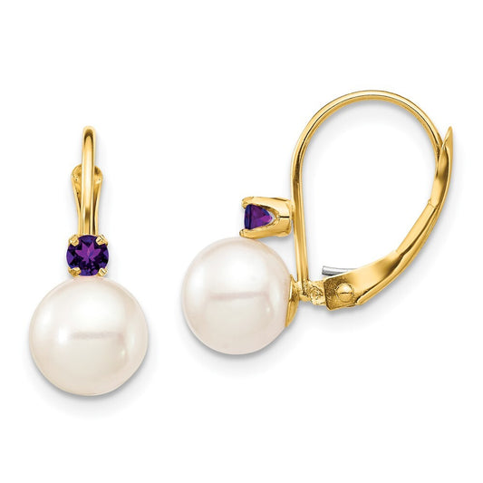 14k Yellow Gold 7-7.5mm Cultured Pearl & .14AM Amethyst Leverback Earrings