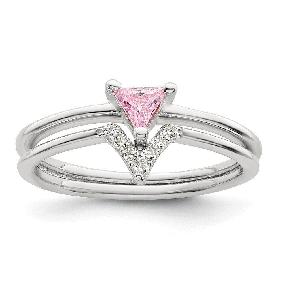 Sterling Silver Pink Trillion CZ and White CZ Ring Set Size 8