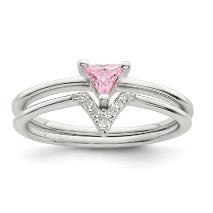 Sterling Silver Pink Trillion CZ and White CZ Ring Set Size 8