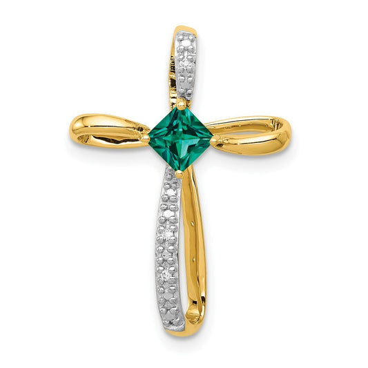 14k Yellow Gold Rhodium Lab Created Emerald and Diamond Cross Slide Pendant